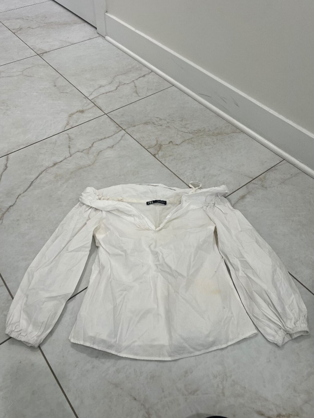 Zara White Off Shoulder Puff Sleeve Poplin Blouse Size XS